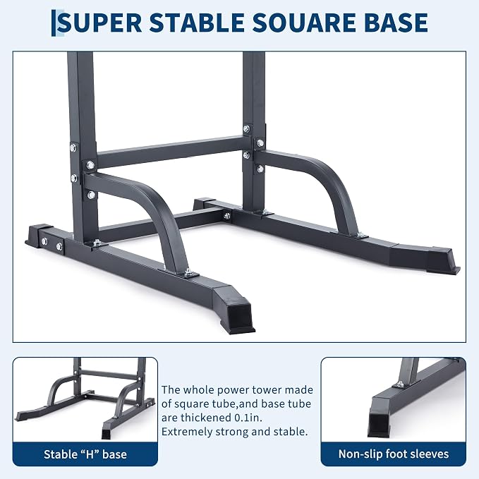 Power Tower Pull Up Bar Dip Station, Adjustable Height Home Gym Equipment, Heavy Duty Strength Trainer with 880 Lbs Capacity, Multi-Function Workout for Full Body Exercise, Stable Fitness Equipment