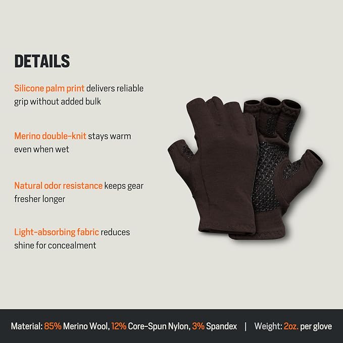 First Lite Rugged Wool Half Finger Glove | Merino Wool Fingerless Hunting Gloves for Men | Silicone Grip Palm for Shooting Dexterity
