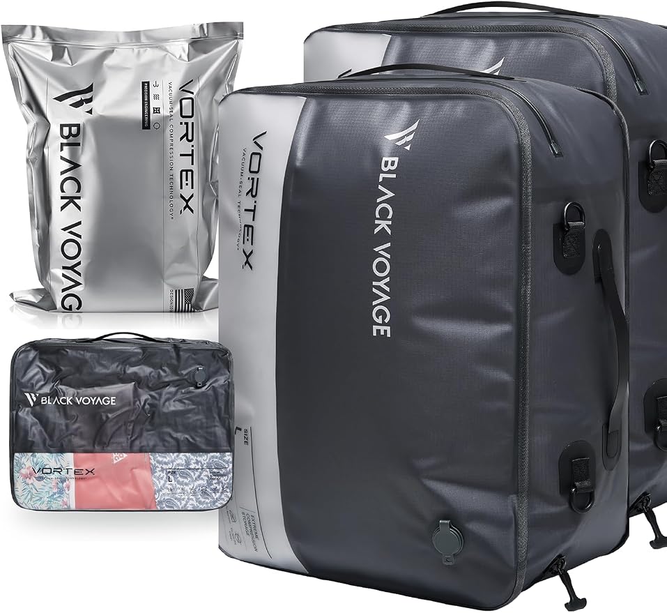 Black Voyage Reusable Vacuum Compression Travel Bag for Carry-On Suitcase and Backpack, Recycled IPX8 Waterproof Space Saver Vacpack (2-Pack, 41L - No Pump)