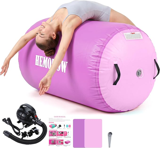 Inflatable Gymnastics Air Barrel Roller with Electric Pump, Heavy Duty PVC Tumbling Barrel Back Handspring Trainer, Air Tumble Track Mat for Home Gym, Cheerleading, Yoga Practice