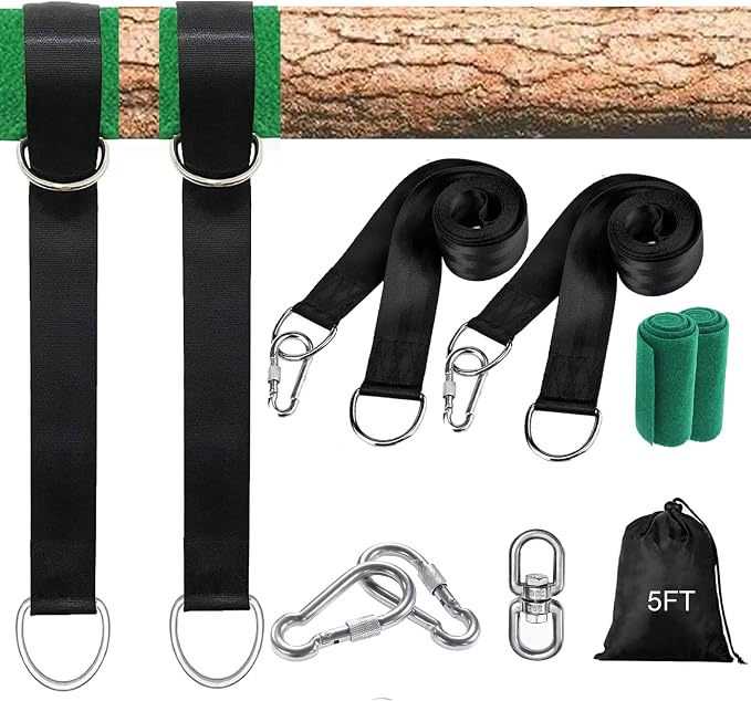 Tree Swing Hammock Straps Kit 5FT, Strong & Durable Tree Swing Straps Hanging Kit with Tree Protector, Safer Lock Snap Carabiner Hooks, Holds Up to 5000 lbs, Safer & Easy Installation for Baby Adults