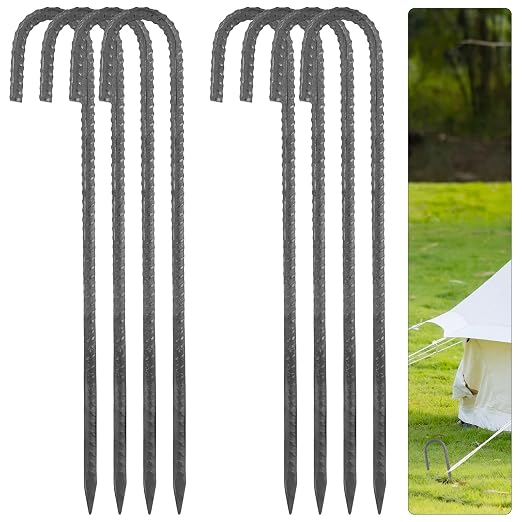 16 Inch Rebar Stakes, 8 Pcs Metal Stakes for Ground Heavy Duty J Hook, 5/16" Diameter Chain Link Fence Stake Garden Ground Stake for Camping, Inflatables, Canopies, Swing Sets