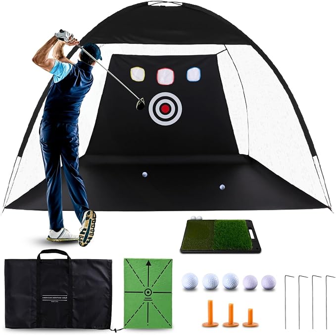 Golf Practice Net with Dual Mats, 3 Tees & 5 Balls – Golf Training Net for Indoor/Outdoor Swing Practice, Backyard Driving & Chipping Set, Portable Training Aid, Great Gift for Men