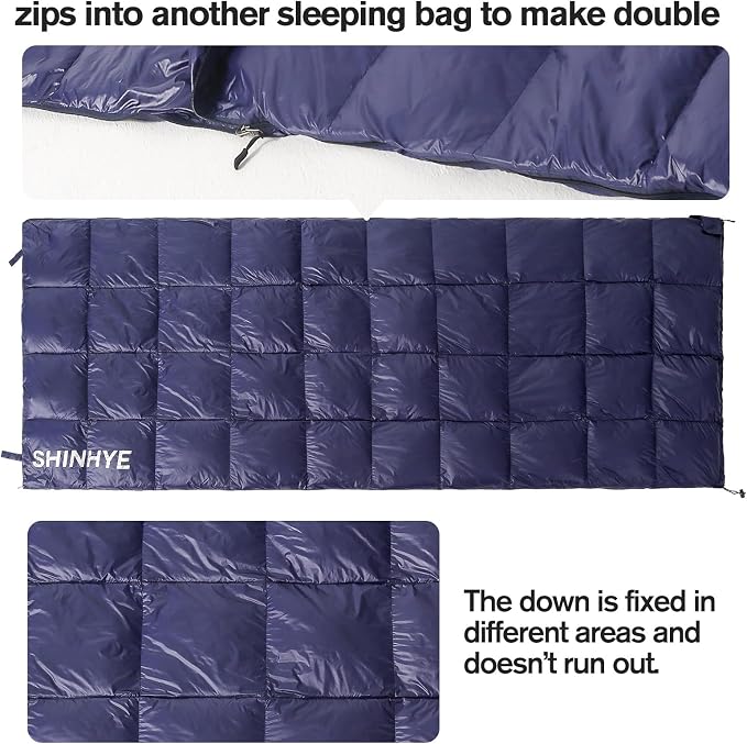 ShinHye Ultralight Adult Sleeping Bag 500g Premium Duck Down - Waterproof & Compressible 3-Season Camping/Backpacking 40-59℉ with Compression Sack(Navy)