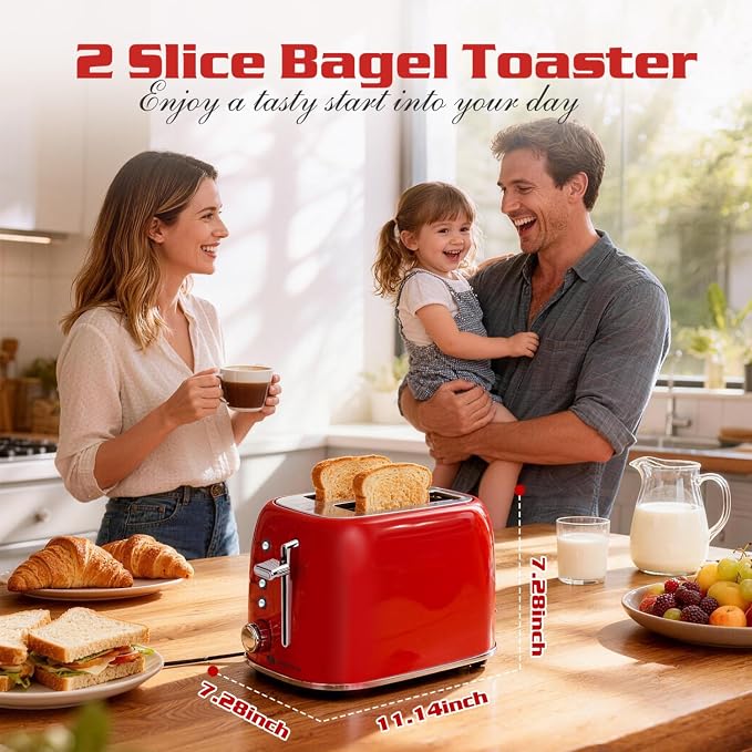 Aigostar Toaster 2 Slice, Retro Extra-Wide Slot Toasters Best Rated Prime for Toasting Bagels, Breads, Waffles & More, Cancel, Defrost & 6 Browning, Removable Crumb Tray, Stainless Steel, Red