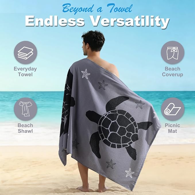 Jessy Home Microfiber 4 Pack Beach Towel Set, 40x70in Oversized Beach Towel, Quick-Dry Sand-Free Highly Absorbent Swim Towel, Soft Pool Towel, Marine Mixed Prints of Starfish & Sea Turtle for Vacation