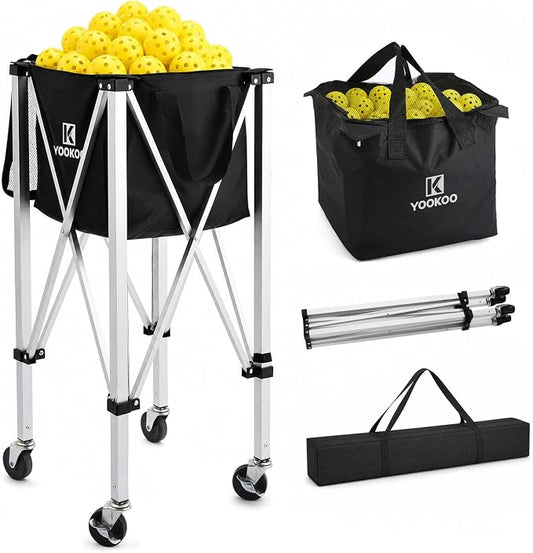YooKoo Pickleball Basket with Lockable Wheels, Collapsible Pickleball Hopper Holds Up to 100 Balls, Sports Equipment Organizer Suitable for Ball Court, School, Garage