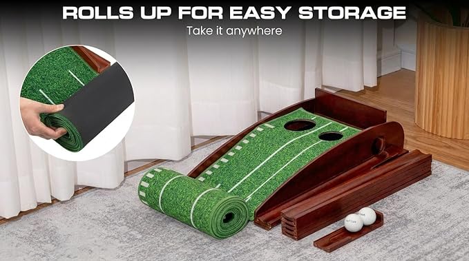 Putting Green Indoor with Automatic Ball Return – Golf Putting Mat with Putter Holder, 2 Golf Balls, Marking Tool & Storage – Portable Golf Training Aid & Gift for Men Home Office