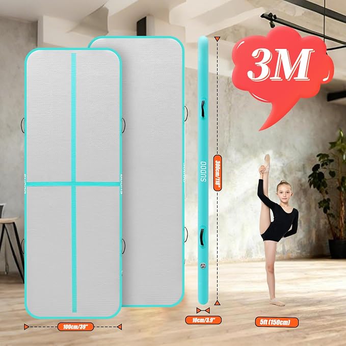 SUDOO Gymnastics Air Mat 10ft/13ft/16ft Inflatable Air Tumble Track Mat 4" Thick Tumbling Mat With Pump or No Pump for Training Tumble Yoga Cheerleading Parkour Beach Water Activities Home Use