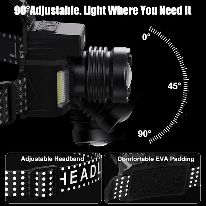 SKYFIRE Rechargeable Headlamp 3000 Lumens, Super Bright LED with Motion Sensor & COB Side Lights, 6 Modes, Zoomable, IPX6 Waterproof, 90° Adjustable Headlight for Camping, Hiking