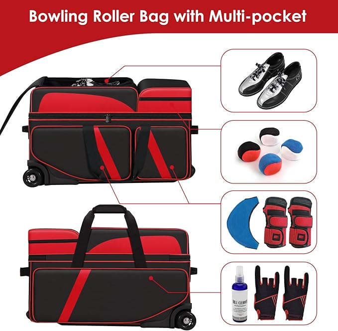 3 Ball Bowling Roller Bag with Smooth Wheels & Shoe Compartment, Heavy Duty 3 Ball Bowling Bag with Retractable Handle, Large Capacity Bowling Bag with Multi-pockets for Tournament, Travel, League