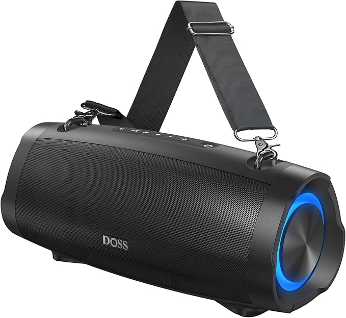 DOSS Extreme Boom Pro D100, 70W Bluetooth Speaker with Deep Bass, IPX6 Waterproof, 10400mAh 24H Battery, Built-in Power Bank, TWS Stereo Pairing & Beat-Sync Lights for Outdoor Camping Party – Black