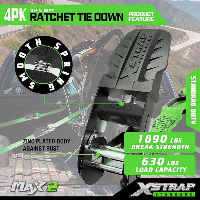 XSTRAP STANDARD Ratchet Tie Down Straps - 4 Pk - 1'' x 15 Ft 1890 Lbs Break Strength-Cargo Straps with Integrated Soft Loops, Padded Handles & Coated S Hook W/Safety Clip for Motorcycle, Truck (Green)