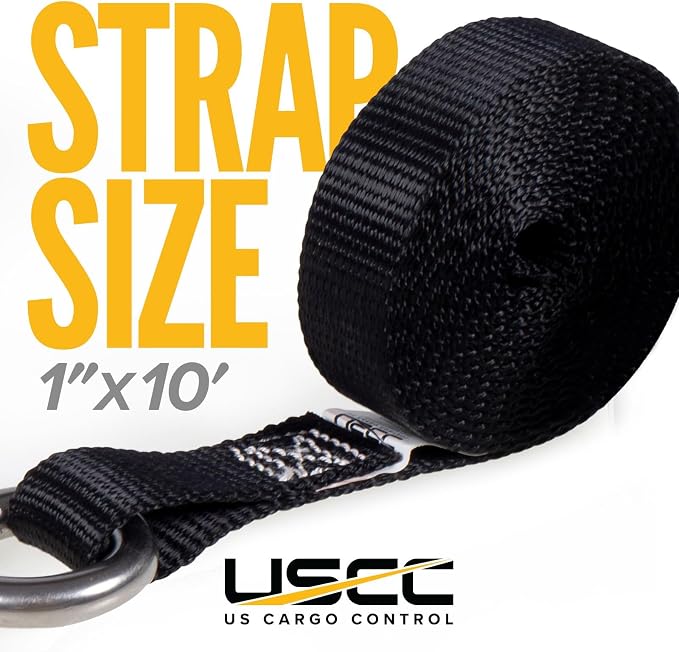 US Cargo Control Stainless Steel Ratchet Straps with Carabiner Hooks 1" X 10' (10 Pack), 500 LBS Break Strength, Marine Tie Down Straps for Boats, ATVs, Trees, Camping, Snow, Saltwater Applications