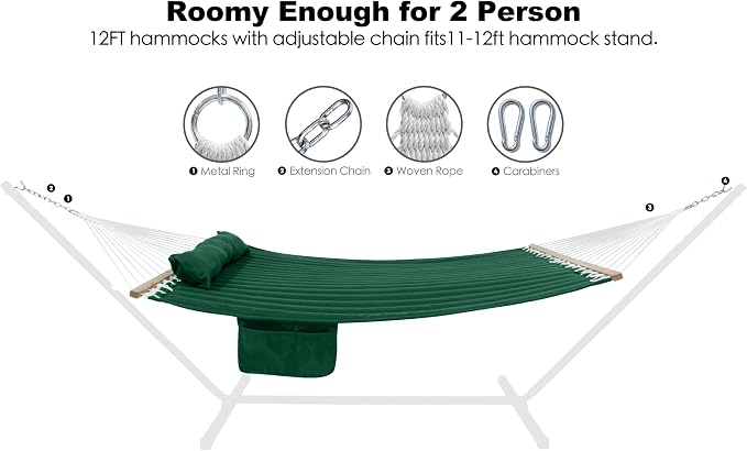 GAFETE Hammock 2 Person Quilted Fabric Hammocks for Outside, Double 12ft Hammocks with Spreader Bar, Large Removable Pillow, Storage Bag, Carabiners, Max 475 lbs Capacity (Night Green)