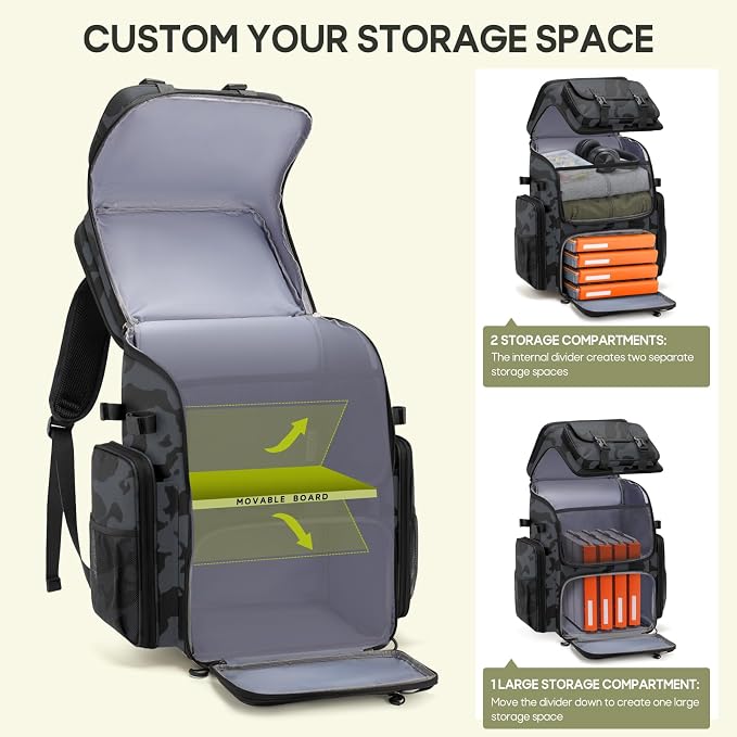 RAINSMORE Fishing Backpack, 45L Large Fishing Bag with 4 Rod Holders & Insulated Cooler Professional Fishing Tackle Backpack with Rain Cover Waterproof Tackle Bag for Men Gift, Black Camouflage