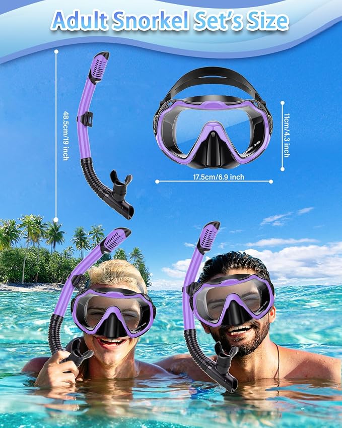 Snorkeling Gear for Adults, Adult Snorkel Set with Panoramic Anti-Leak and Anti-Fog Tempered Glass Snorkel Mask, Dry Top Snorkel, Snorkle Mask Set Adult with Mesh Bag Ear Plug for Snorkeling