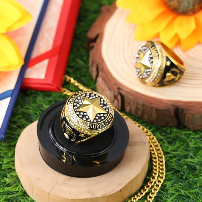 Highergo 10 Pcs Basketball Softball Baseball MVP Dancer Champion Trophy Ring with Display Stand Star Football Soccer Volleyball Golf Cheerleading Bowling Track Field