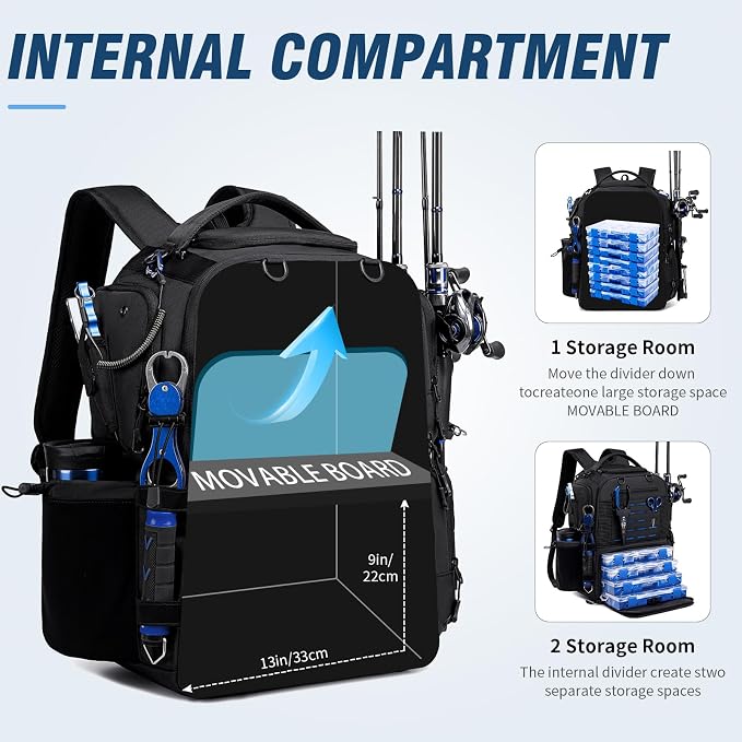 Fishing Tackle Backpack with 2 Rod Holders, Multi-Pocket Tactical Bag with Bottle Holder, 50L Large Storage Bag for Fishing Gear and Equipment, Black