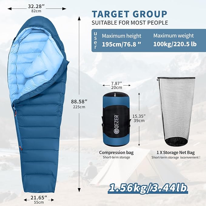 0 Degree Sleeping Bag for Adults 650 Fill Power Down Sleeping Bag for Cold Weather -20F / -8F / 0F / 10F Large Lightweight