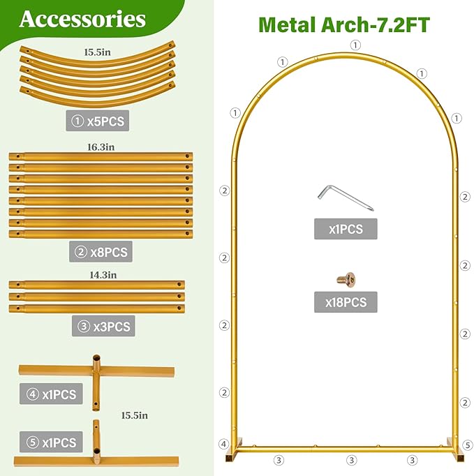 Metal Arch Backdrop Stand Wedding Arch Frame Set of 3 (7.2FT/6.6FT/6FT) Gold Backdrop Arch Stand for Wedding Ceremony Birthday Party Baby Shower Graduation Ceremony Decoration