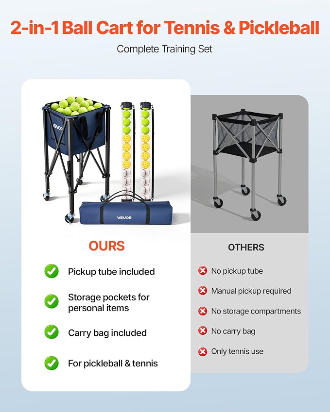 VEVOR Tennis & Pickleball Hopper Holds 200/175/150/120 Balls, 3-in-1 Tennis Foldable Pickleball Basket Cart for Easy Installation, Storage Bag for Tennis Training & Teaching