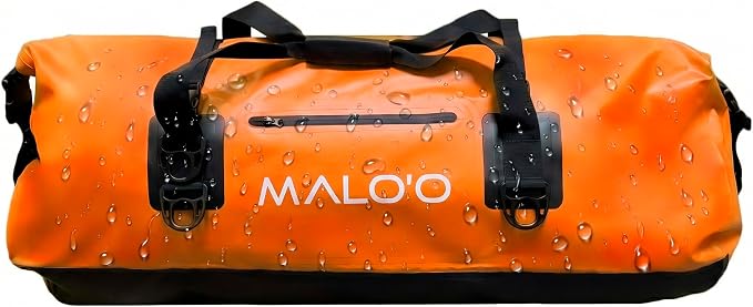 Malo’o Waterproof Dry Duffel, Heavy-Duty Roll Top Waterproof Gear Bag with Shoulder Strap & Molle Loops, Marine Duffel for Kayaking, Boating, Camping, Beach & Travel, Orange, 100L