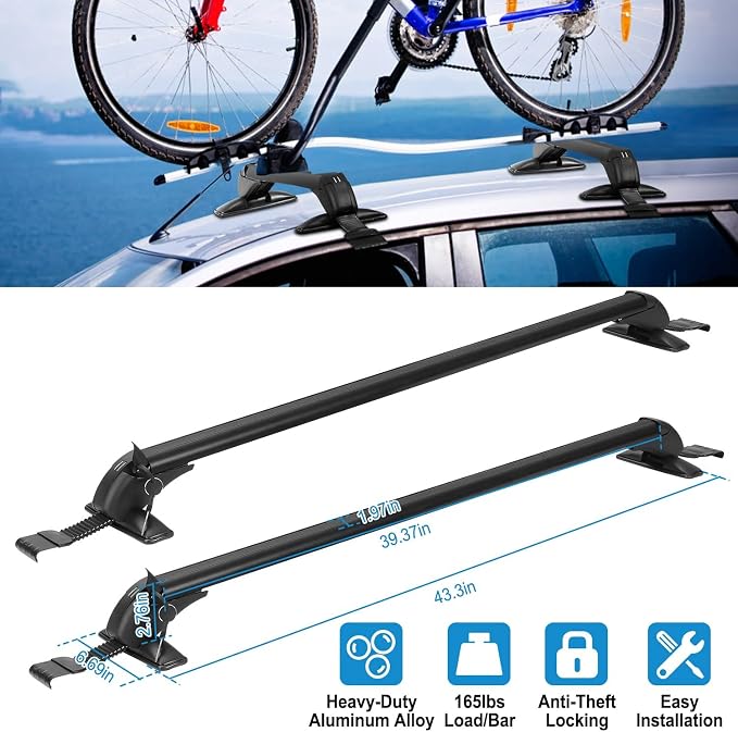 2PCS Universal Roof Rack Cross Bar 110cm/43-inch Luggage Racks Replacement Cross Bars with Anti-Theft Lock Adjustable Window Frame for Bike Kayak Cargo Luggage