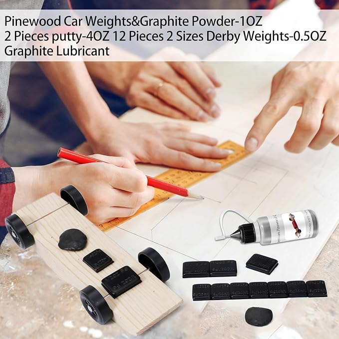 DerbyCraftPro Pinewood Car Weights Kit -5oz Total Derby Car Weights (1oz Tungsten Weights Putty+4oz Derby Weights) & 0.5oz Graphite Powder Lubricant, Lead-Free,Peel & Stick for Precise COG Adjustment