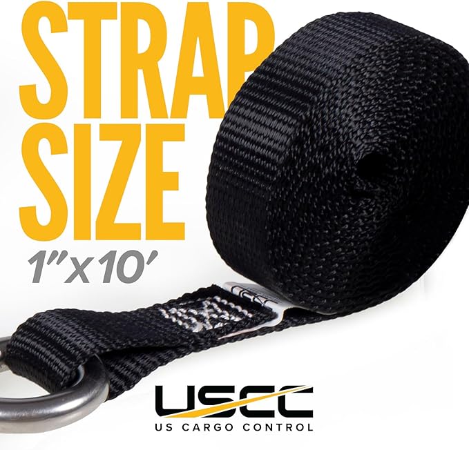 US Cargo Control Stainless Steel Ratchet Straps with Carabiner Hooks 1" X 10' (800-Pack), 500 LBS Break Strength, Marine Tie Down Straps for Boats, ATVs, Trees, Camping, Snow, Saltwater Applications