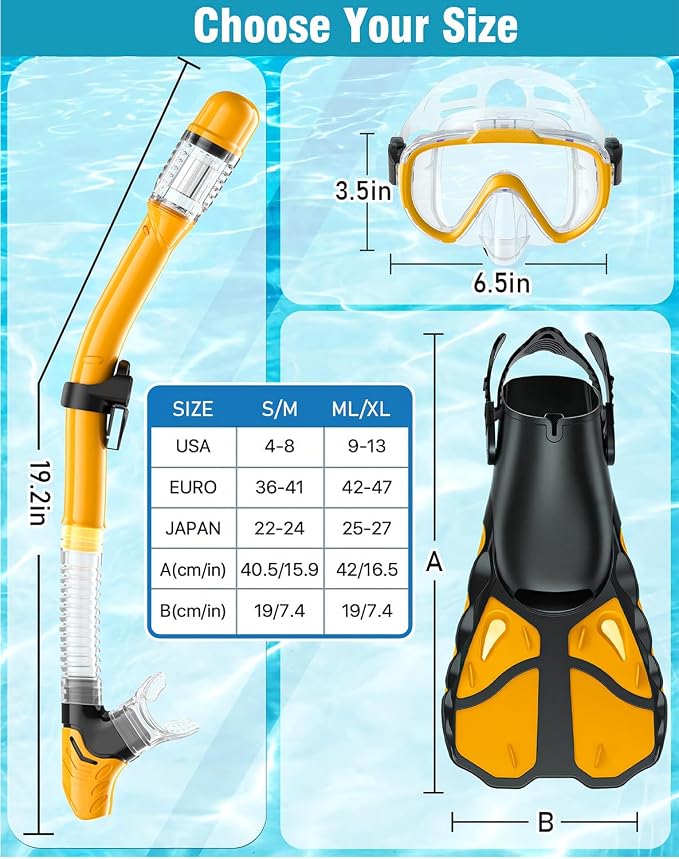 Snorkel Set with Fins for Adults, Snorkeling Gear for Adults Men and Women, Snorkle, Mask Set Adults Dry Top Snorkel Mask Combo Set with Travel Bag for Snorkeling, Diving, Swimming