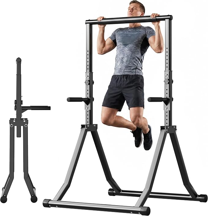 Foldable Power Tower Dip Station for Pull Ups, 66.1"-84.6" 12 Level 700 LBS, Adjustable Dip Handles & Assistance Bands Foldable Home Gym Equipment