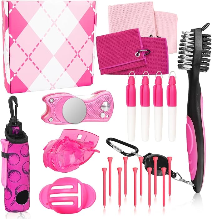 Golf Accessories Kit Golf Club Cleaning Kit Club Groove Cleaner Brush Divot Repair Tool Golf Towel with Clip Ball Bag with Hook Ball Alignment Kit Marking Pen Golf Gift Set Women