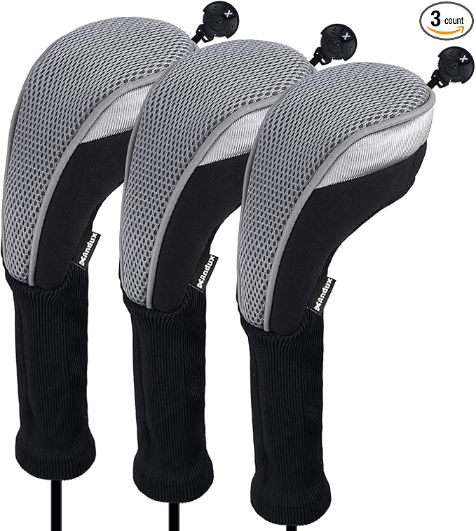 Andux 3pcs Long Neck Golf Hybrid Club Head Covers Dial No. Tag CTMT-02 | Mesh Breathable material | all the Same Size | Coloured Piping | Pull-On Closure