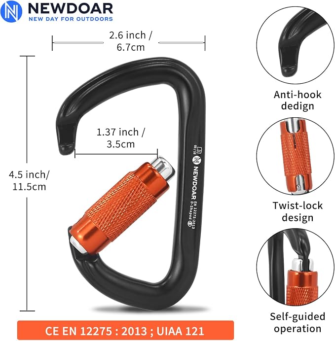 NewDoar 28KN UIAA & CE Certified Auto Climbing Carabiner Professional Heavy Duty Caribeaner for Rappelling D-Shaped