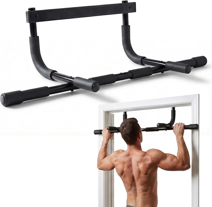 DMoose Fitness Pull Up Bar for Doorway - Upto 250 Lbs Capacity, No Screwing or Slipping, Hanging Pullup & Chin Up Bar for Door Frame - Multi Padded Grips for Strength Training with Installation Guide