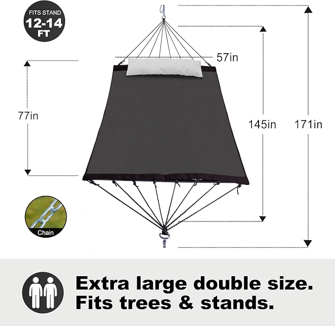 GAFETE 14ft 2 Person Hammock for Outside, Quick Dry Textilene, Portable Hammock without Stand with Folding Steel Spreader Bar, Carrying Bag, Tree Strap, Pillow & Sidebag, 550 lbs Capacity (Black Gold)