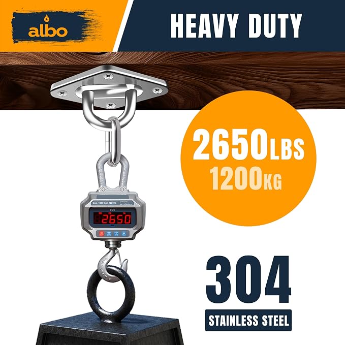 Albo Diamond Plate 2650lbs Swing Hangers 4 PCS - Heavy Duty Ceiling Mount Hooks with Snap Carabiners, 304 Stainless Steel for Wood & Concrete & Metal, Indoor Outdoor Anchor for Hammock, Yoga, TRX