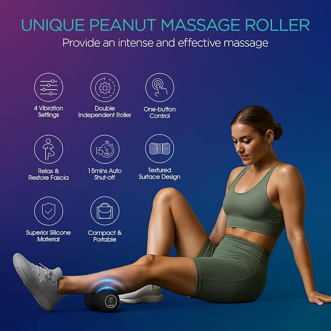 Vibrating Peanut Massage Ball Roller, Electric Double Lacrosse Massage Ball with 4 Intensities for Muscle Pain Relief, Rechargeable Deep Tissue Massage, Yoga Sports Fitness MB300 (Black)