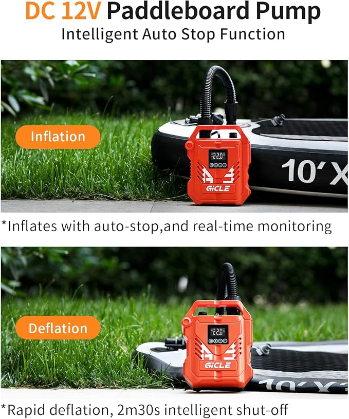 GICLE Paddle Board Pump Electric Portable with 12V DC Car Connector,22PSI Electric SUP Pump for Inflatebles Paddleboard,Bed,Mattress with Dual Stage Inflation and Boat Accessories