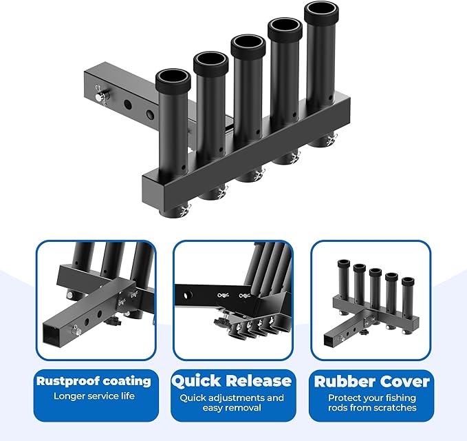 Hitch Mount Fishing Rod Holder, Fishing Pole Rack for Truck with 5-Rod Tubes, Adjustable for 2" Hitch Receivers & Easy to Use with Quick Release Pin