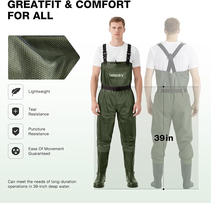 Lekesky Fly Fishing Chest Waders with Boots for Men Women, US Sizes 5–14,2-Ply Nylon/Pvc Waterproof Waders