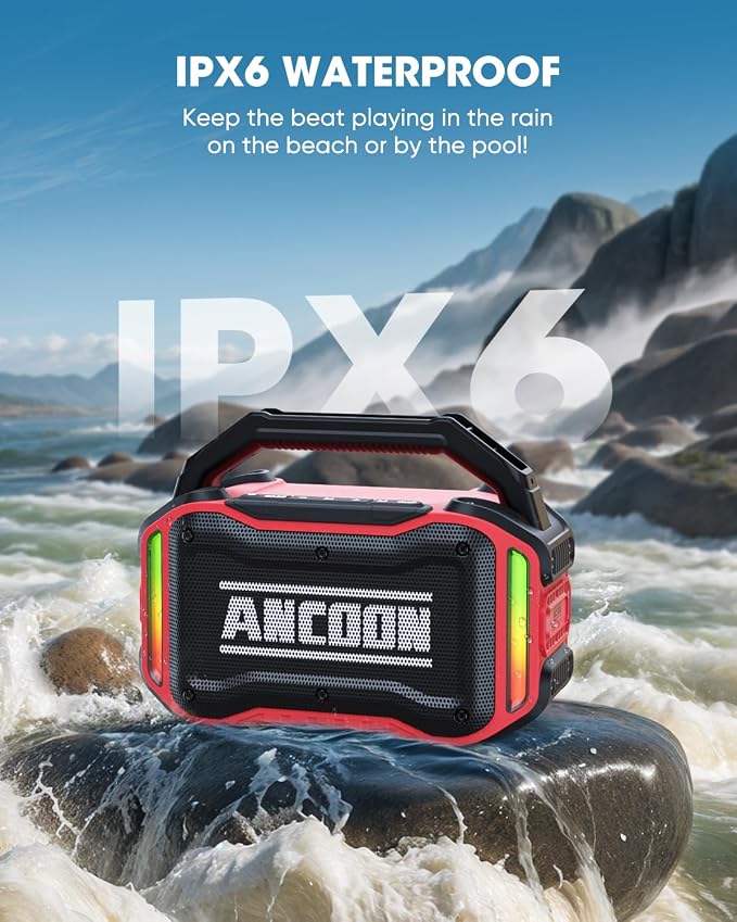 ANCOON Speakers Bluetooth Wireless: 80W(Peak) Loud Speaker with Bass, 20H Playtime, IPX6 Waterproof, Large Jobsite Speakers for Work, Outdoor, Workshop, Garage, Portable Speaker with TWS (Red)