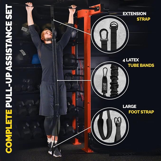 Pull Up Assistance Bands - 4 Heavy Duty Pull Up Bands with Adjustable Strap and Foot Rest - Stackable Pull Up Assist Band Set for Pull Up Bar - Resistance Bands for Pull Ups Chin Ups Strength Training