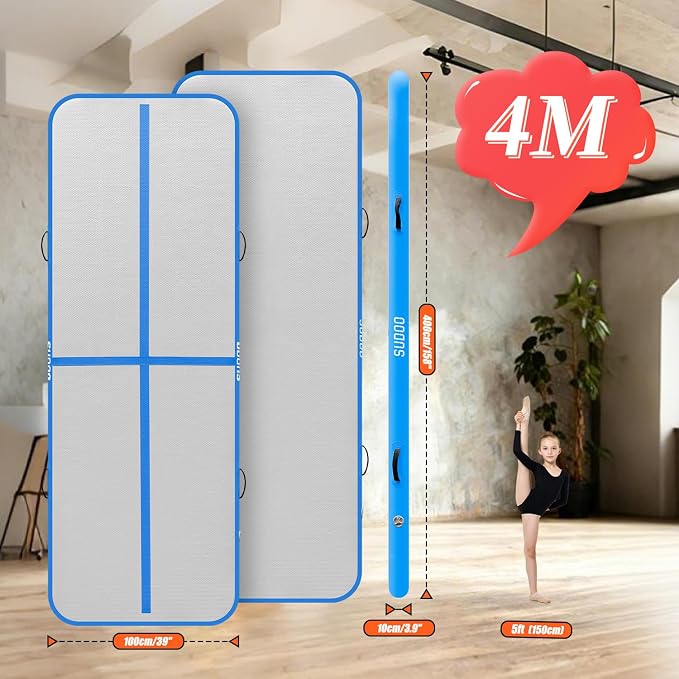 SUDOO Gymnastics Air Mat 10ft/13ft/16ft Inflatable Air Tumble Track Mat 4" Thick Tumbling Mat With Pump or No Pump for Training Tumble Yoga Cheerleading Parkour Beach Water Activities Home Use