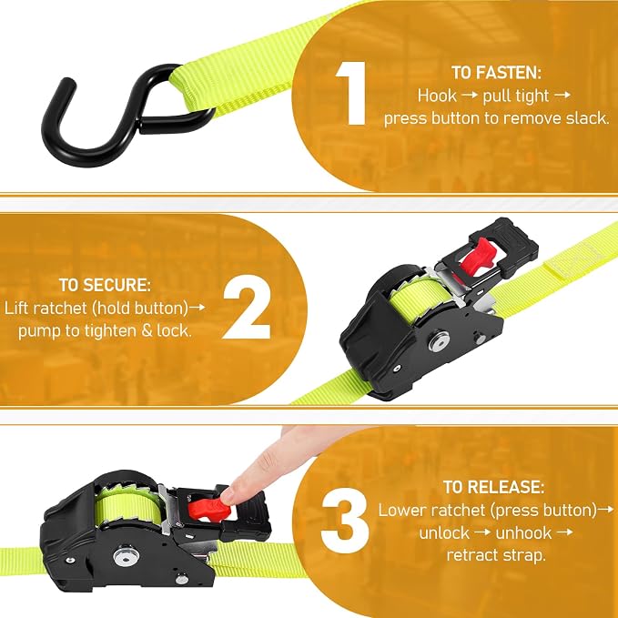 LEVELEVE Retractable Ratchet Tie Down Straps (1" x 10FT, 2-Pack, Yellow) - Heavy Duty 1760LBS Break Strength Quick-Lock, Weather Resistant for Moving, Cargo, Trucks & Boats