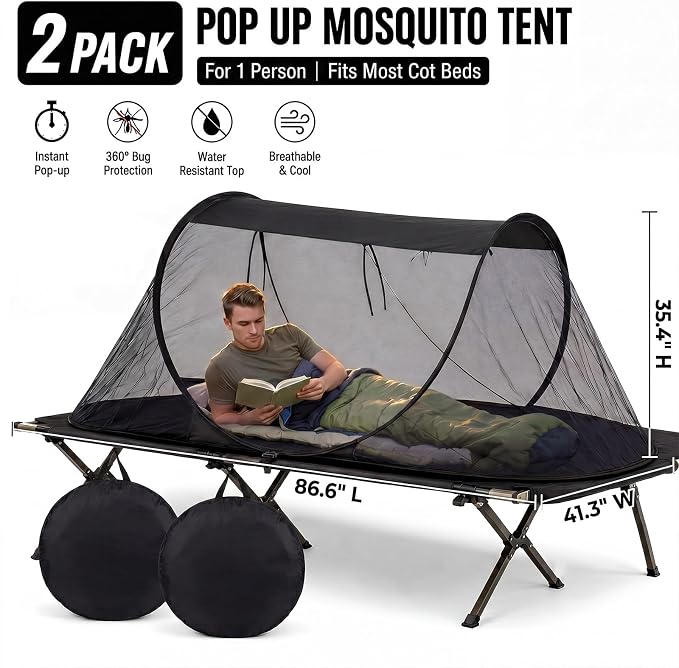 2 Pack Pop up Mosquito Tent for Camping 1 Person Instant Setup Foldable Bug Net Cot Tent with Ground Pin Portable Waterproof Screen Net for Cot Bed Hiking Summer Beach Outdoor