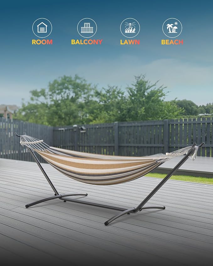 Everyfun Double Hammock with Space-Saving Steel Stand, 2 Person Heavy-Duty Hammock for Garden, Yard or Outdoor, 600lbs Capacity, Coffee