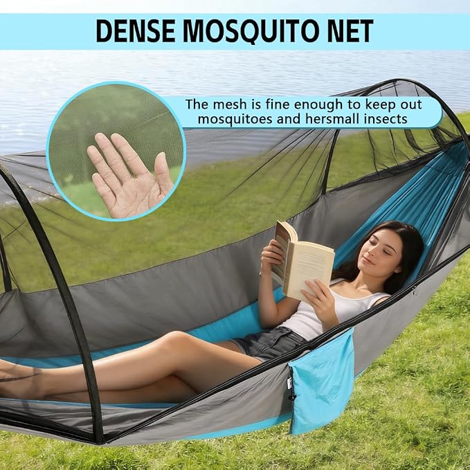Camping Hammock with Mosquito Net - Double & Single Portable Hammocks with 2 Tree Straps, Lightweight Hammock Tent for Outdoor Camping, Hiking, Backpacking, Beach & Backyard (Blue)