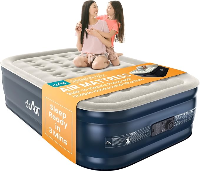 Dr. air Full Air Mattress, 18” Raised Inflatable Bed with Built-in Pump, Waterproof Velvety Top, Ergonomic Design, Reinforced Support, and Carry Bag for Home, Camping, and Guests